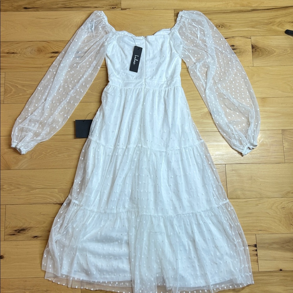 NWT Lulus White Long Sleeve Tiered Dress with Sheer Polka Dot Sleeves | Size XS - Picture 9 of 11